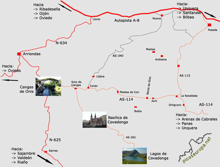 Plano de acceso a los Lagos de Covadonga, Parque Nacional de Picos de Europa, Asturias