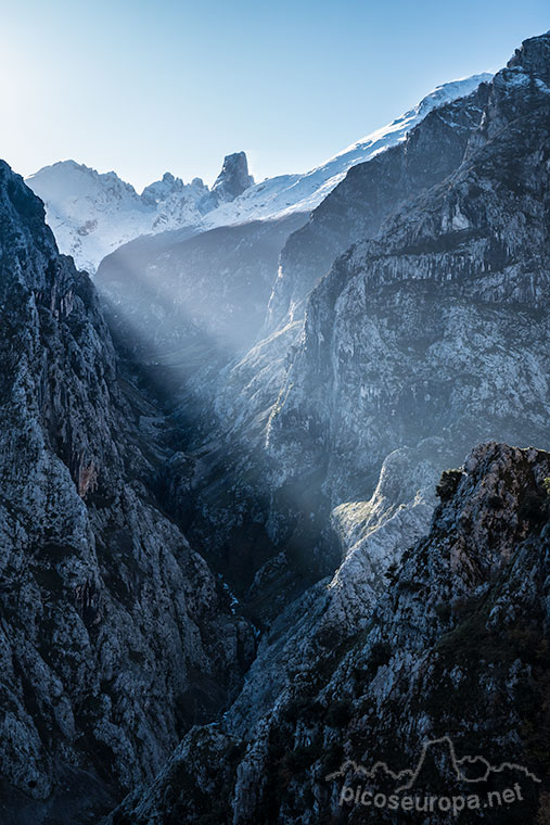 Foto: Picu Urriellu (Naranjo Bulnes) desde el mirador de Camarmeña, en primer termino la Cana del Tejo, Picos de Europa.