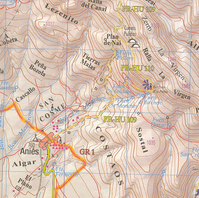 Mapa situación de Anies en cuyas proximidades esta la ermita de la Virgen de la Peña, Pre Pirineos, Huesca, Aragon, España