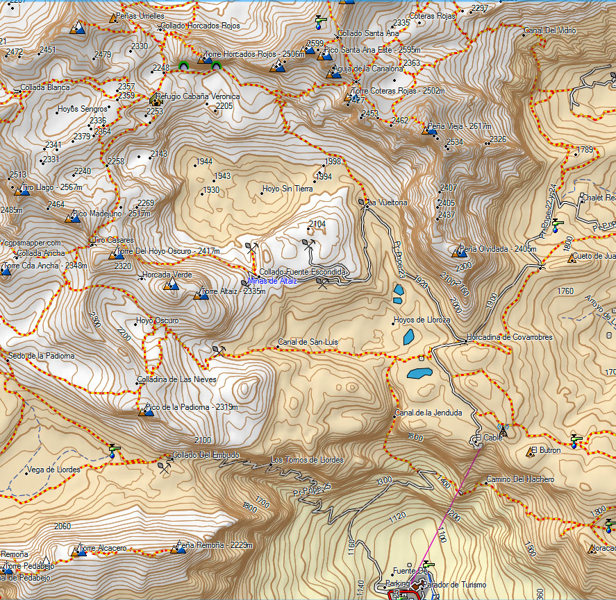 Mapa Refugio de Cabaña Verónica en el Macizo Central de Picos de Europa, Parque Nacional, Teleférico de Fuente Dé, Cantabria