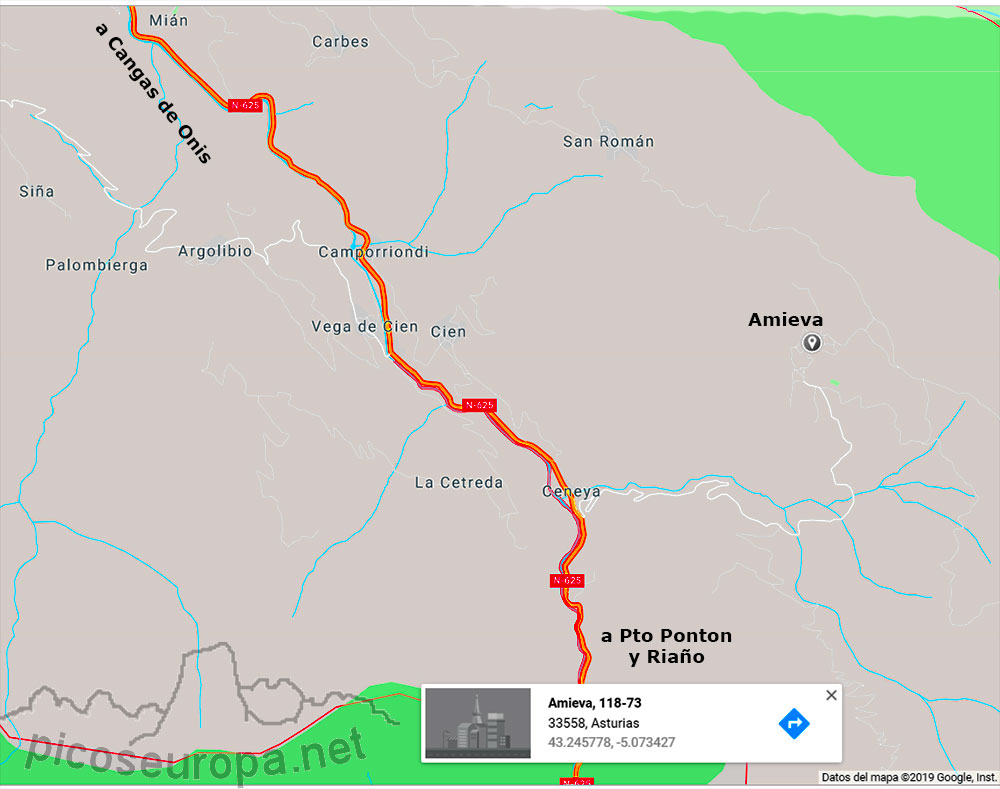 Mapa carreteras para ir a Amieva