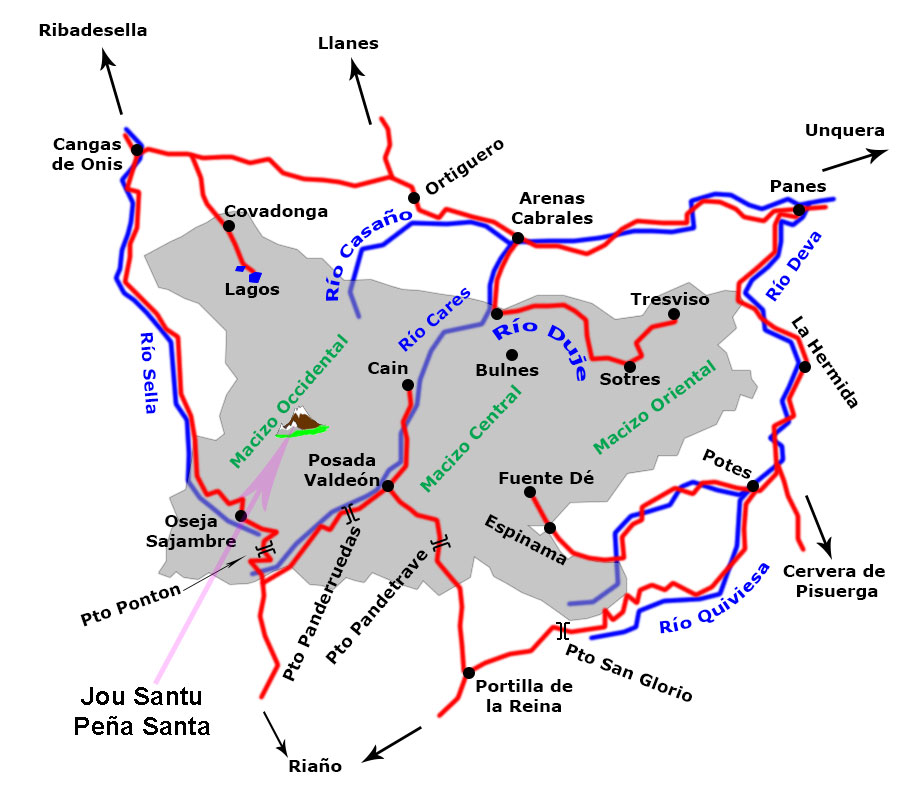 Mapa situando esta zona del Jou Santu y Peña Santa, Parque Nacional de Picos de Europa 