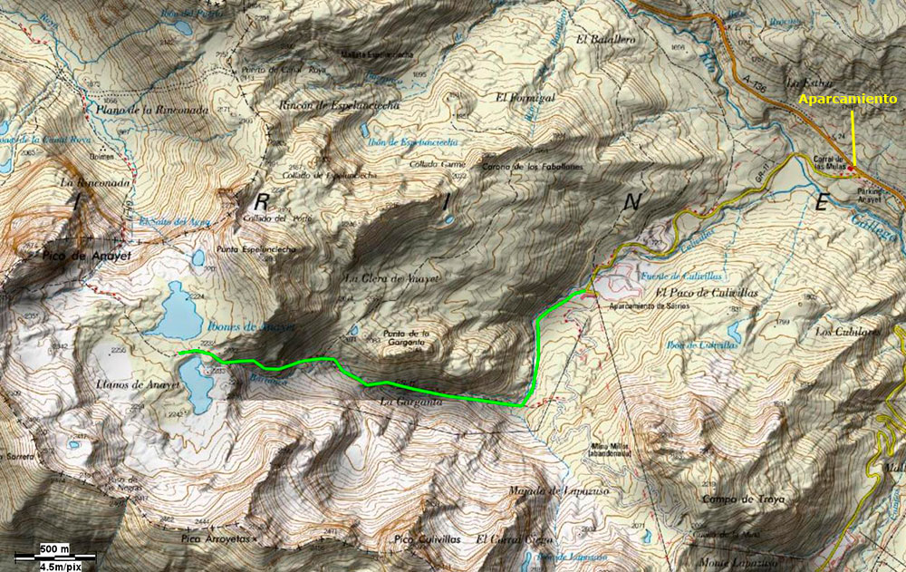 Mapa de la ruta de subida a los lagos del Anayet