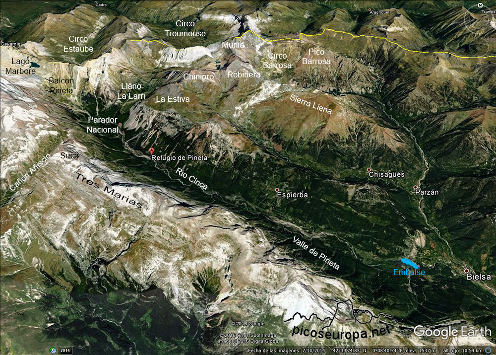 Mapa de la zona del Valle de Pineta, Pirineos de Huesca, Aragon, Parque Nacional de Ordesa y Monte Perdido