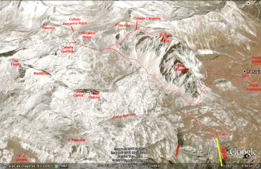 Plano de la ruta de ascensión a Peña Vieja, Macizo Central de Picos de Europa
