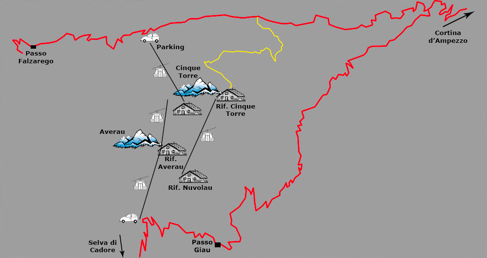 Croquis con la situación del Pico Averau, Dolomitas, Alpes, Italia