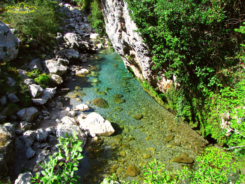 El réo Cares bajo el puente de piedra que da acceso a la canal de Tejo para subir a Bulnes