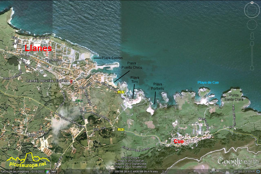 Plano de Llanes y Cue, costa de Asturias, mar cantabrico