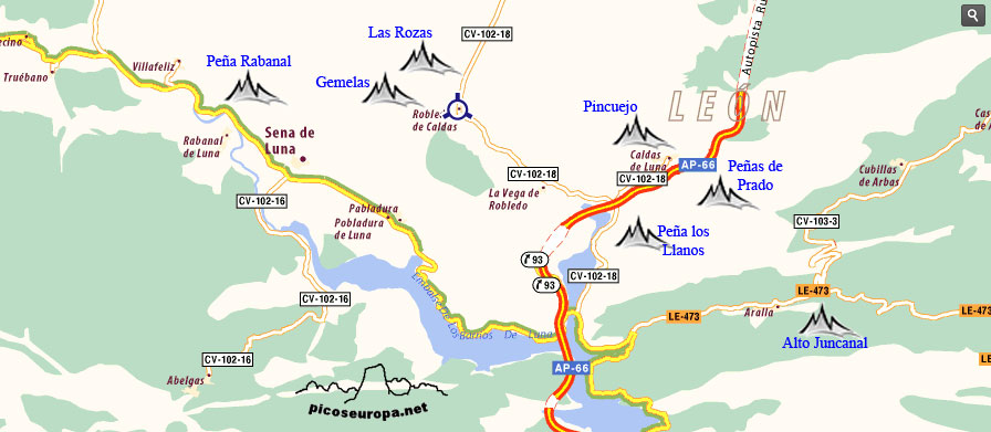 Plano de la zona de Caldas de Luna y Robledo de Luna