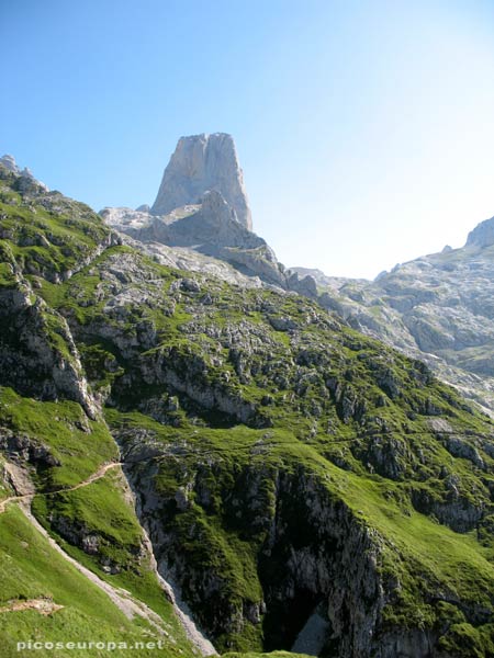 El camino de subida a la Vega de Urriellu tras pasar collado Vallejo y el Picu (Naranjo de Bulnes) presidiendo el paisaje