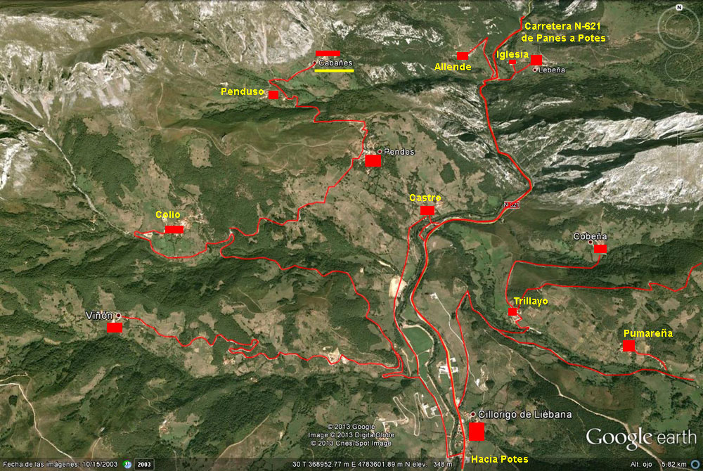 Plano de carreteras de la zona de Cabañes, La Liebana, Cantabria