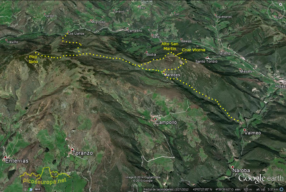 Plano de la ruta Valmeo, Maredes, Cruz de Viorna, Alto de San Martin, Pico Jano, Los Llanos