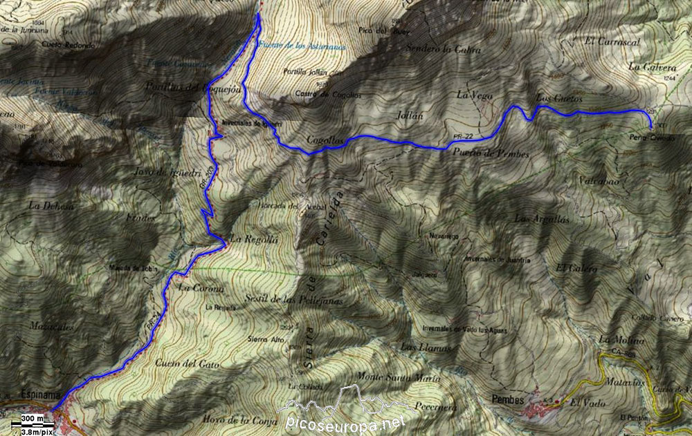 Mapa de la Ruta de Espinama a Peña Oviedo, La Liebana, Cantabria