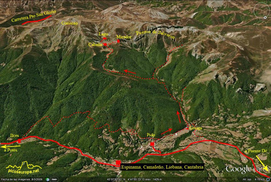 Plano de la ruta, de Espinama y Pido al Lago de Salvoron