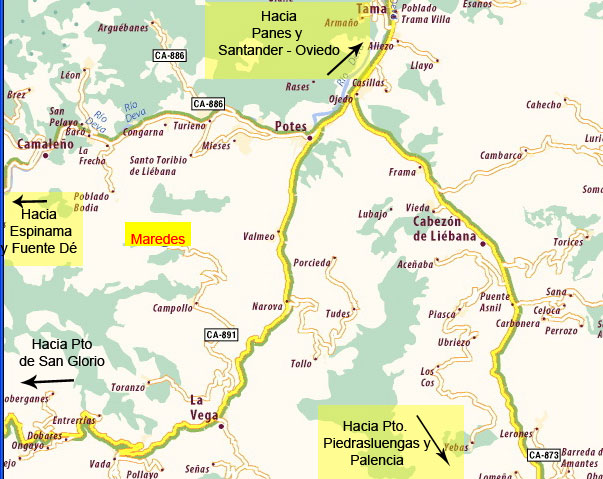 Mapa carreteras de la Cruz de Viorna, Potes, Liebana, Cantabria, España