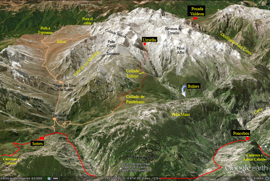 Plano de la Zona de Pandebano y Urriellu, Picos de Europa, Parque Nacional