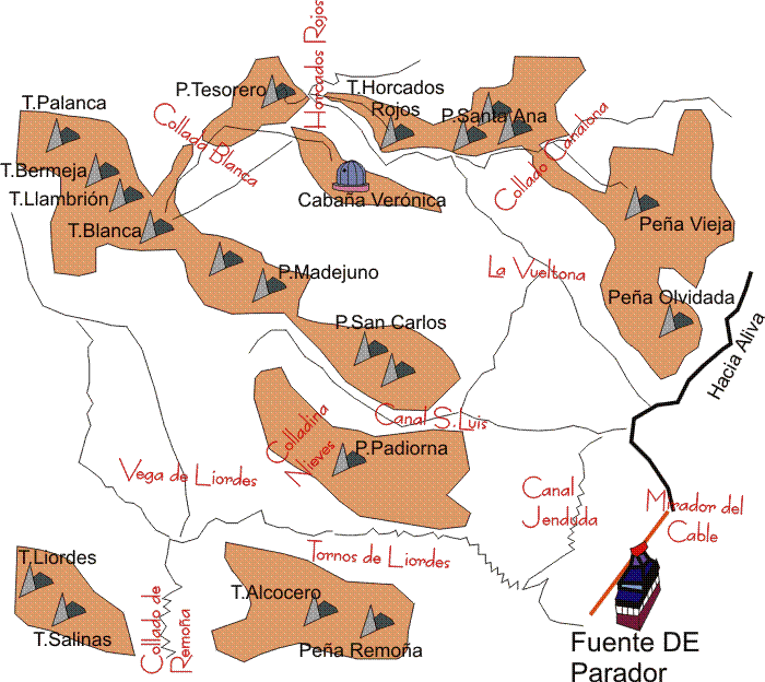 Plano de la ruta de ascenso al Pico de la Padiorna