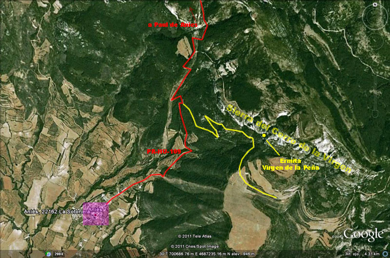 Mapa situación de Anies en cuyas proximidades esta la ermita de la Virgen de la Peña, Pre Pirineos, Huesca, Aragon, España