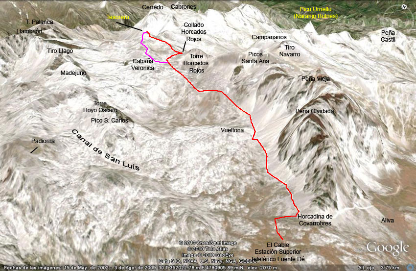 Plano de acceso al Pico Tesorero, Macizo Central de Picos de Europa