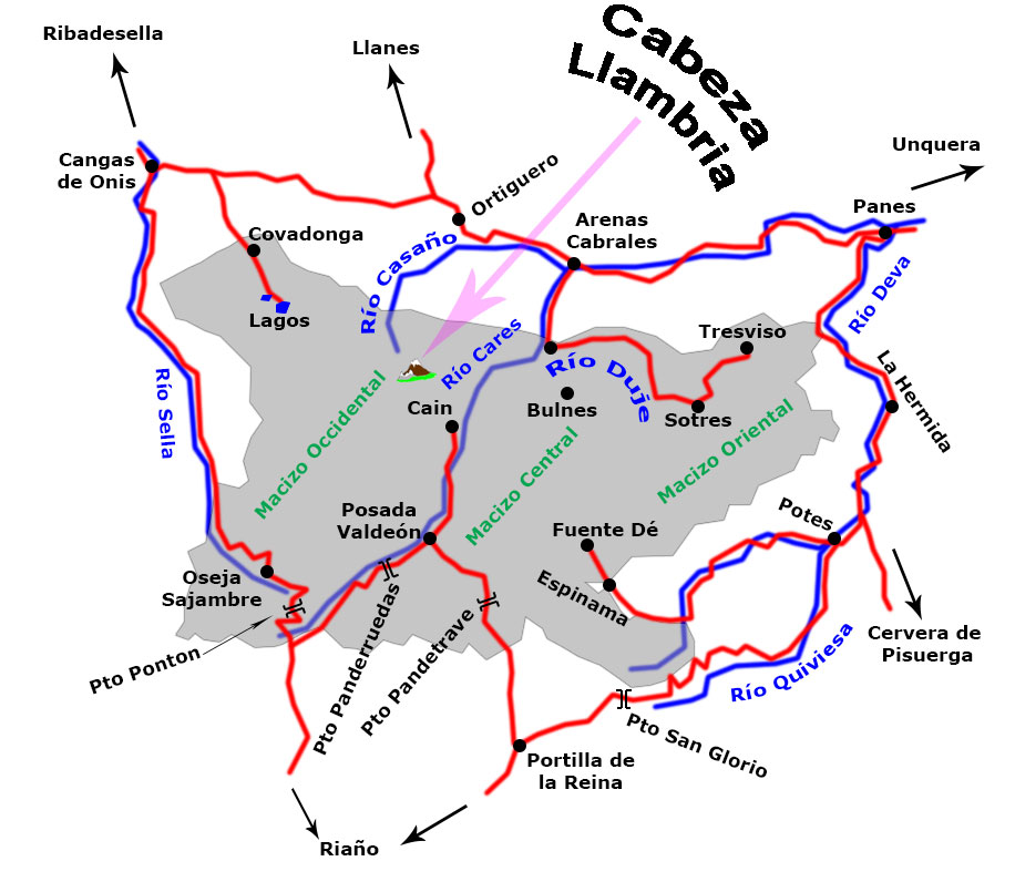 Mapa con la situación de Cabeza Llambria dentro de Picos de Europa