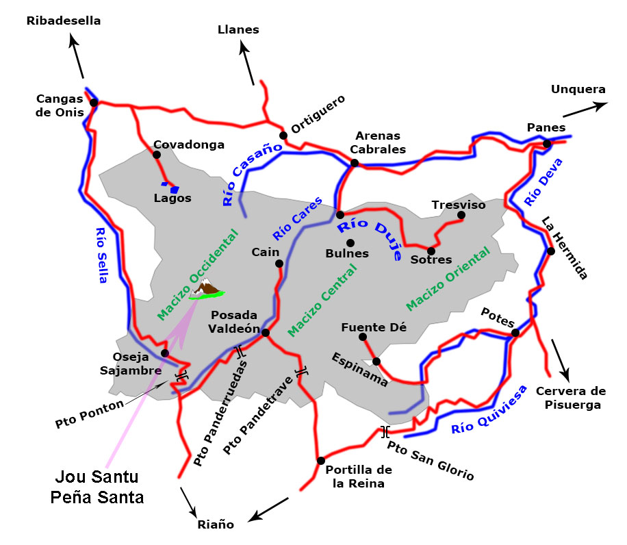 Mapa con la situación de Peña Santa de Castilla dentro de los Picos de Europa