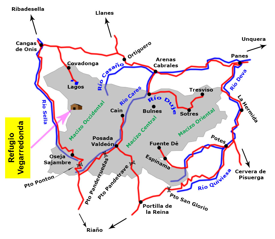Mapa con la situación del Refugio de Vegarredonda, Parque Nacional de Picos de Europa