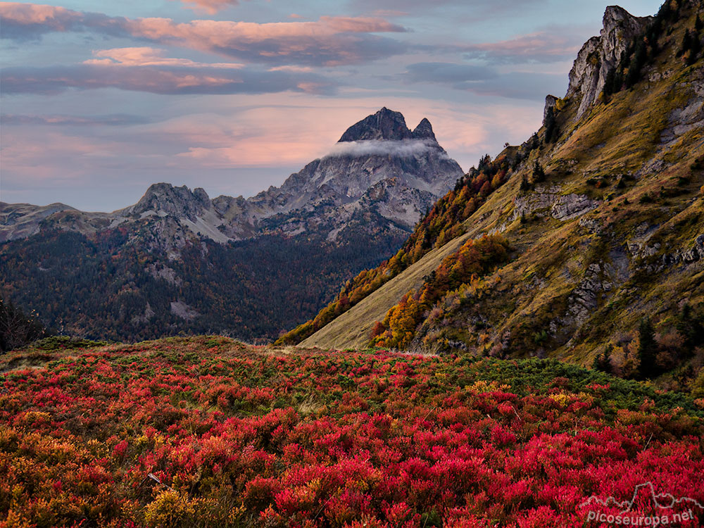 Otoío en Pirineos, al fondo la cara Norte de pico Midi d'Ossau. Pirineos, Francia.