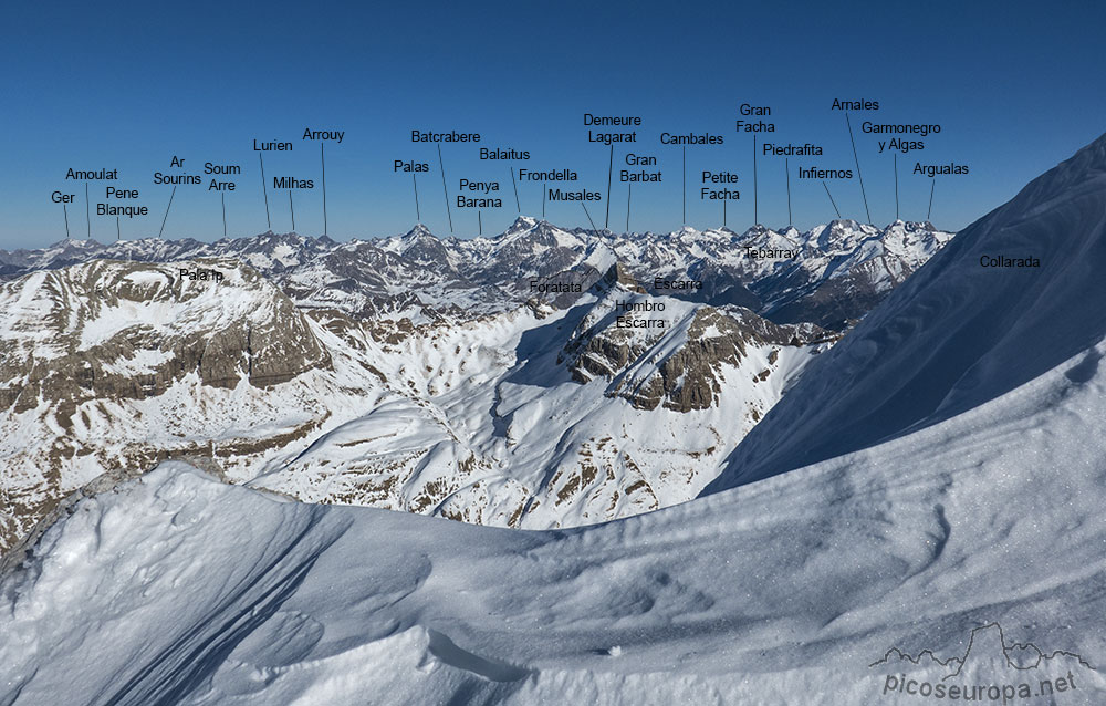 Cumbres de los Pirineos de Huesca con sus nombres, desde el Pico Collarada, Aragón