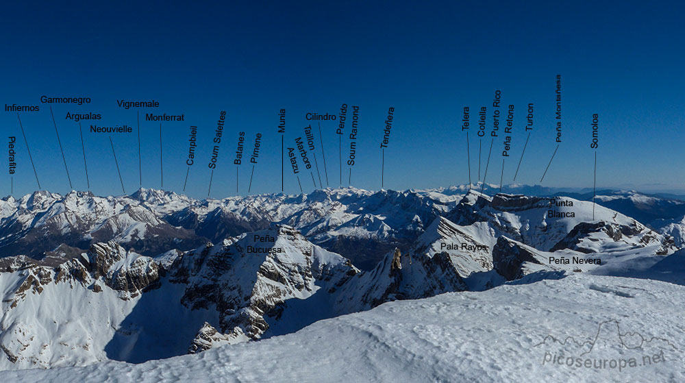 Cumbres de los Pirineos de Huesca con sus nombres, desde el Pico Collarada, Aragón