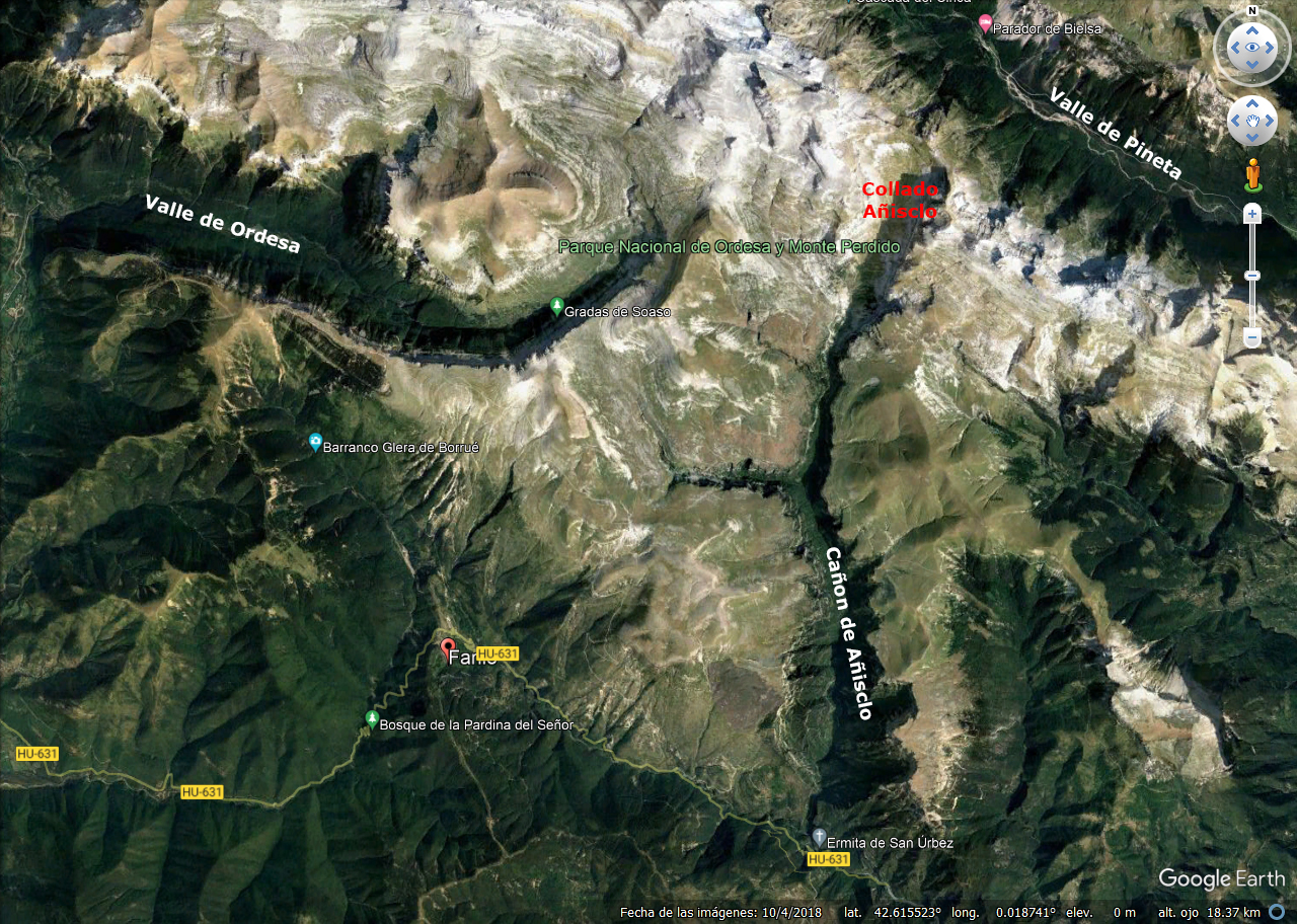 Mapa Cañon de Añisclo, Pirineos de Huesca, Aragon, Parque Nacional de Ordesa y Monte Perdido