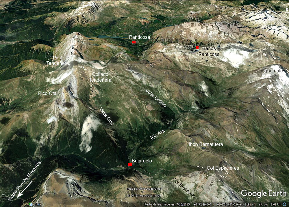 Mapa de San Nicolas de Bujaruelo y el Valle del réo Ara, Ordesa, Pirineos de Huesca, Aragón.