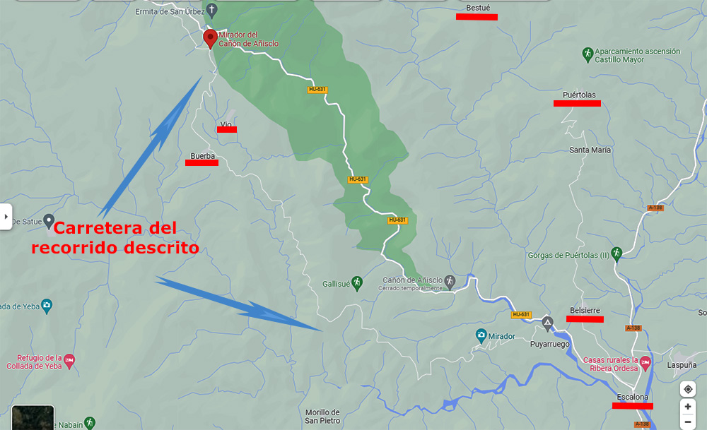 Mapa del recorrido en coche de Añisclo a Escalona