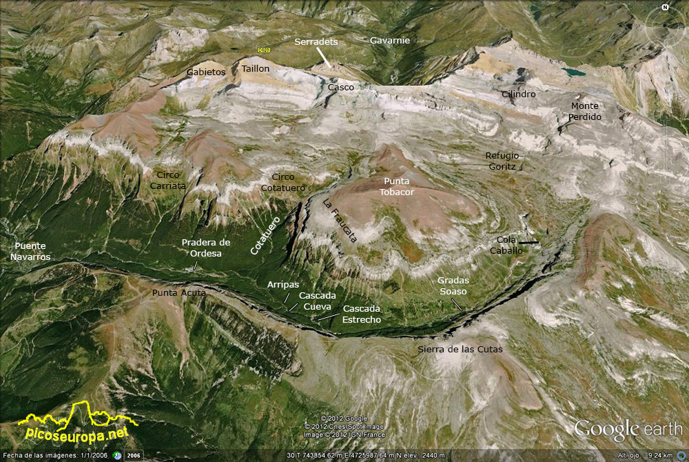 Plano de los recorridos propuestos desde la Pradera de Ordesa