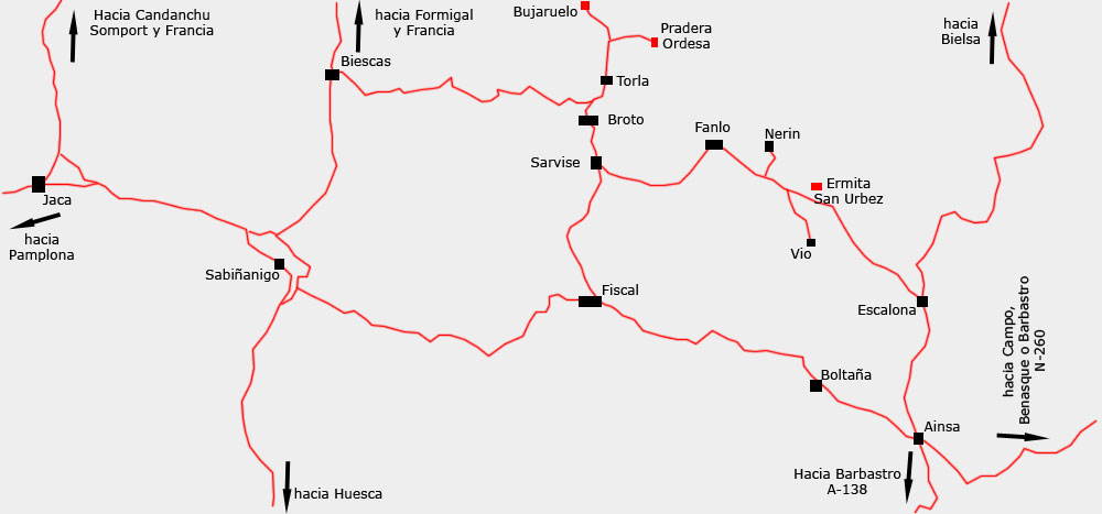Mapa de Accesos a Torla, Pirineos de Huesca, Aragon, Parque Nacional de Ordesa y Monte Perdido