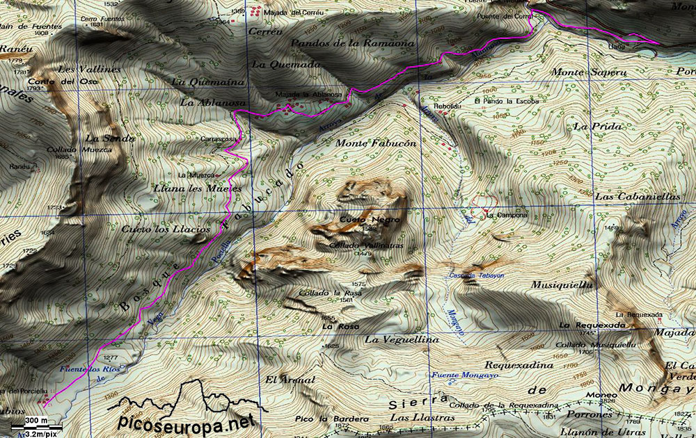 Mapa ruta Tarna a Vega de Pociello, Parque Natural de Redes, Asturias