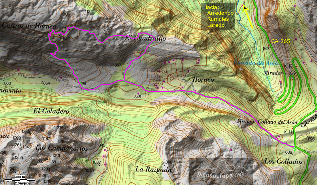 Mapa de la ruta por los Castros de Horneo, Laberintos del Asón, Cantabria