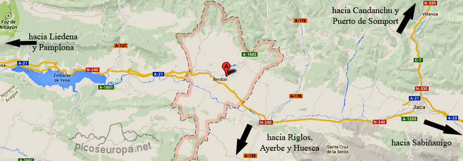 Plano de situacion de Berdun, La Jacetania, Pre Pirineos de Huesca, Aragon