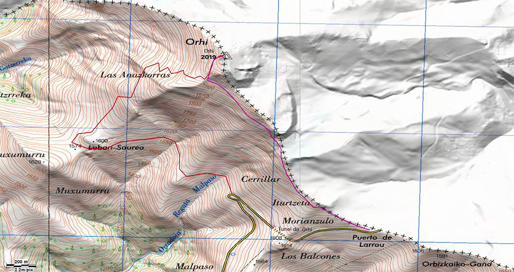 Mapa de la ruta de subida al Pico Orhi, Pirineos de Navarra