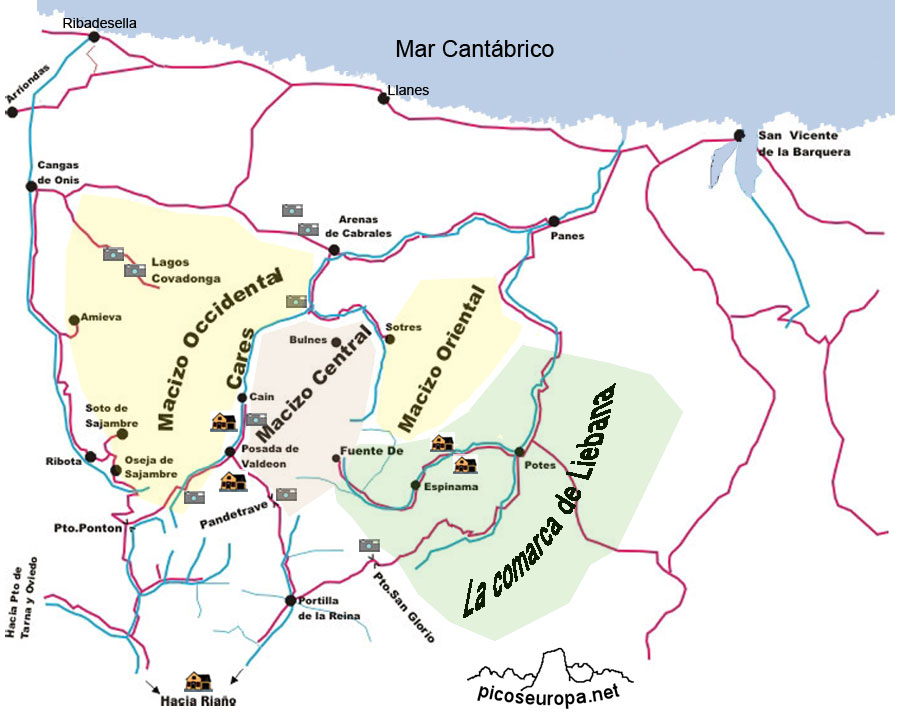 Plano de Pueblos y Miradores en los Picos de Europa, España