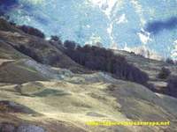 Desde el pico Txamantxoia, limite de Huesca y Navarra, las praderas y bosque que descienden en fuerte pendiente hacia el Refugio de Belagua en Navarra