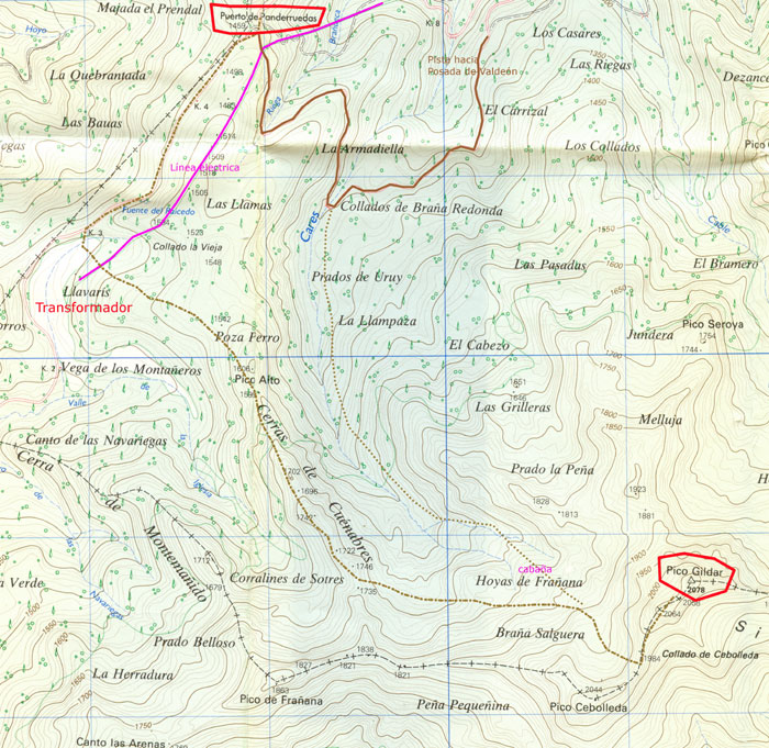 Mapa ruta de ascensión al Pico Gildar desde el Puerto de Panderruedas